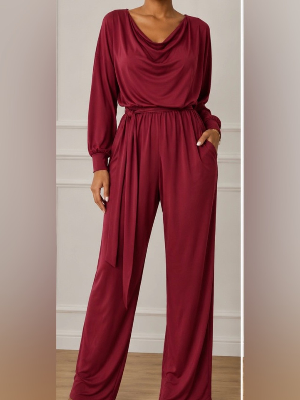 Fashion Nova Wine Red Wide-Leg Jumpsuit with Self-Tie